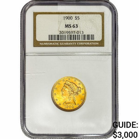 1900 $5 Gold Half Eagle NGC MS63