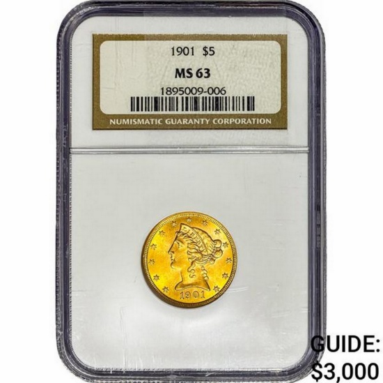 1901 $5 Gold Half Eagle NGC MS63