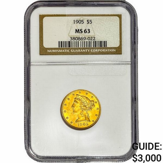 1905 $5 Gold Half Eagle NGC MS63