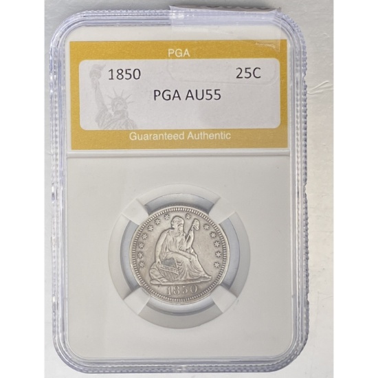1850 25C Seated Liberty PGA AU55