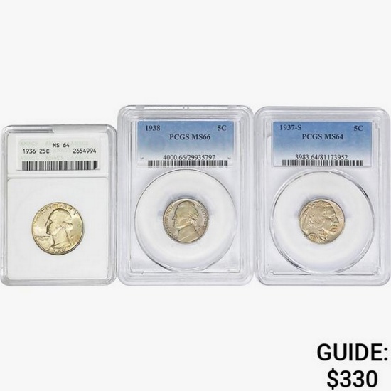 [3] 1936-1938 2 5C, 1 25C ANACS/PCGS MS64/66
