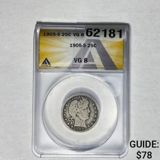 1905-S Barber Quarter ANACS VG 8
