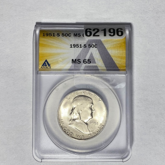 1951-S Franklin Half Dollar ANACS MS 65