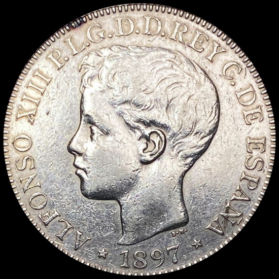 1897 Silver 1 Peso Spain-Philippines HIGH GRADE