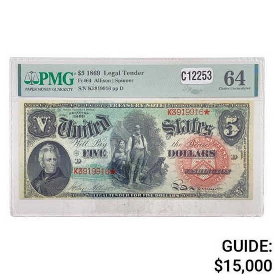 1869 $5 "RAINBOW" LEGAL TENDER USN PMG UNC-64
