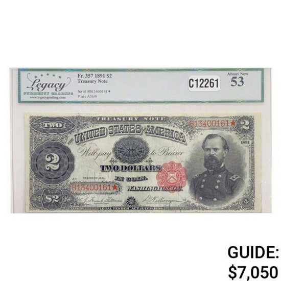 1891 $2 "MCPHERSON" TREASURY NOTE LEGACY AU-53