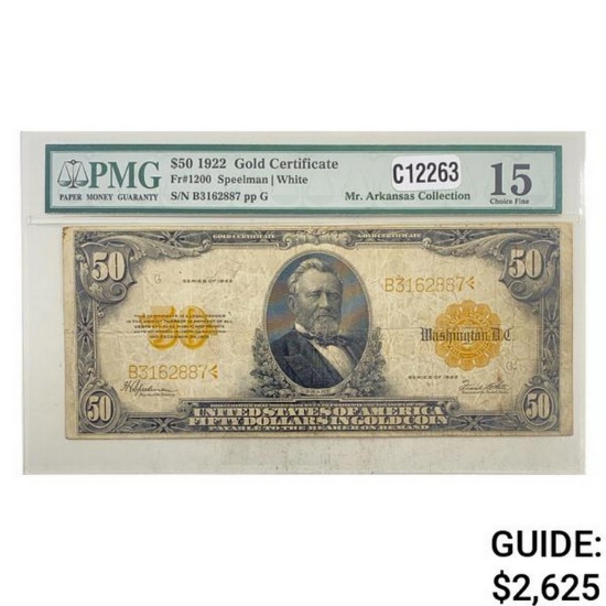 1922 $50 "GRANT" GOLD CERTIFICATE PMG FINE-15