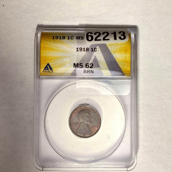 1918 1C Lincoln Cent ANACS MS62 BRN