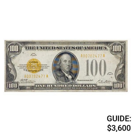 1928 $100 GOLD CERTIFICATE NOTE VERY FINE+