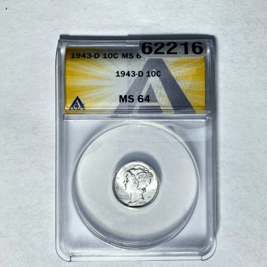 1943-D 10C Mercury  ANACS MS 64