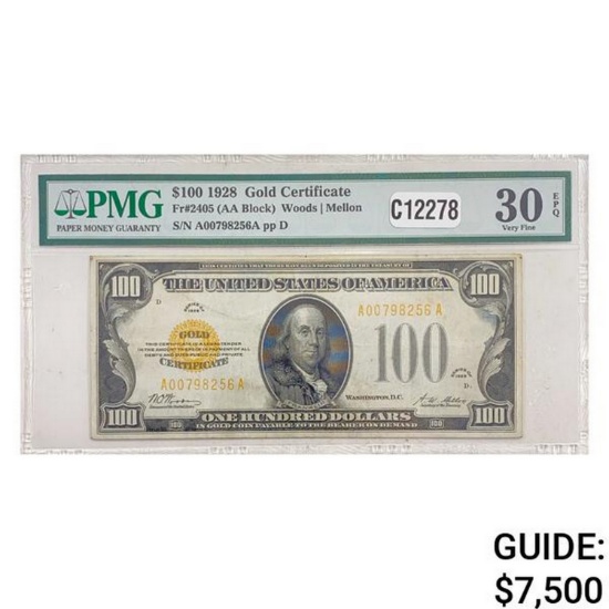 1928 $100 GOLD CERTIFICATE PMG VERY FINE-30EPQ