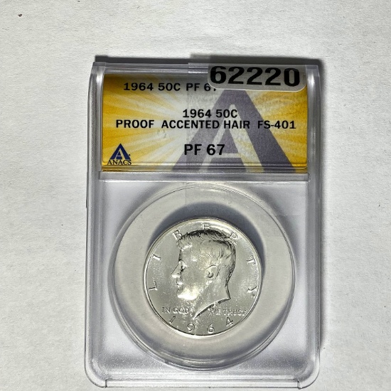 1964 50C Kennedy  Accented Hair ANACS PF 67