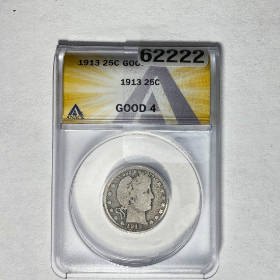 1913 25C Barber Quarter ANACS Good 4