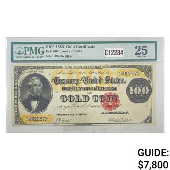 1882 $100 "BENTON" GOLD CERTIFICATE PMG VF-25