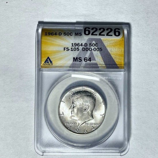 1964-D 50C Kennedy ANACS MS 64
