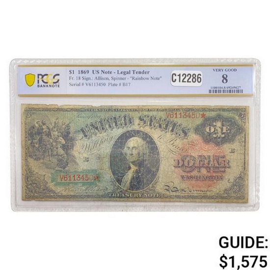 1869 $1 "RAINBOW" LEGAL TENDER USN PCGS VG-8