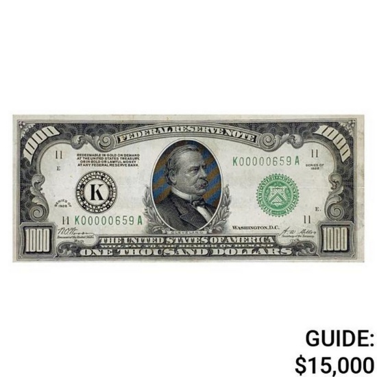 1928 $1,000 FRN *LOW #659* DALLAS, TX EXTREMELY FINE