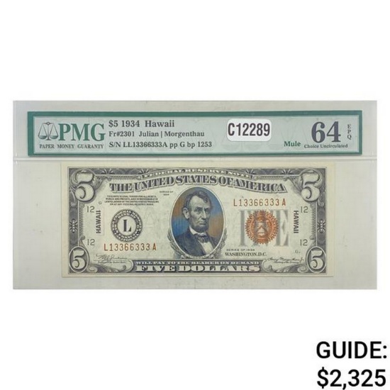 1934 $5 MULE "HAWAII FRN PMG UNCIRCULATED-64EPQ