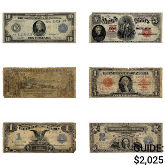 LOT OF 6 MIXED LARGE SIZE CURRENCY NOTES 1896-1923