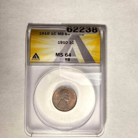 1910 1C Lincoln Wheat ANACS MS 64 RB