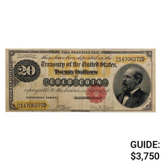 1882 $20 "GARFIELD" GOLD CERTIFICATE VERY FINE