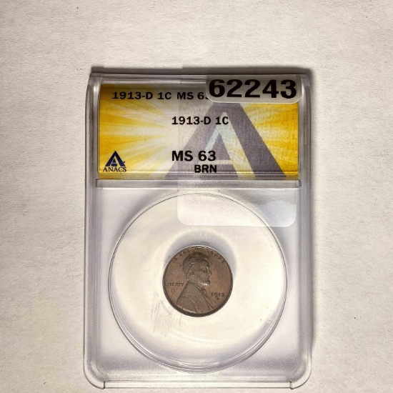 1913-D 1C Lincoln Wheat ANACS MS 63 BRN