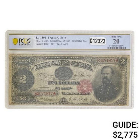 1891 $2 "MCHERSON" TREASURY NOTE PCGS VF-20