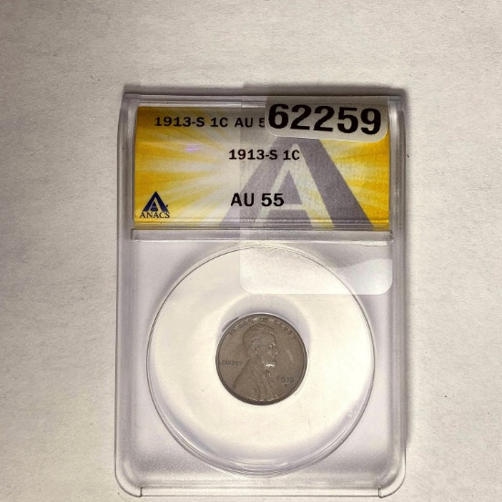 1913-S 1C Lincoln Wheat ANACS AU 55