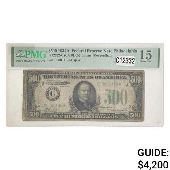 1934-A $500 FRN PHILADELPHIA, PA PMG FINE-15
