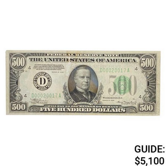 1934 $500 FRN CLEVELAND, OH ABOUT UNCIRCULATED
