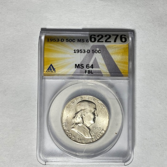 1953-D Franklin Half Dollar ANACS MS64 FBL