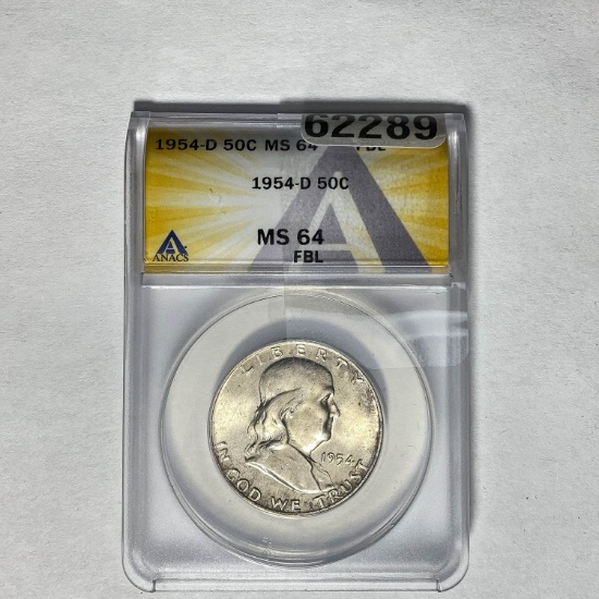 1954-D Franklin Half Dollar ANACS MS 64 FBL