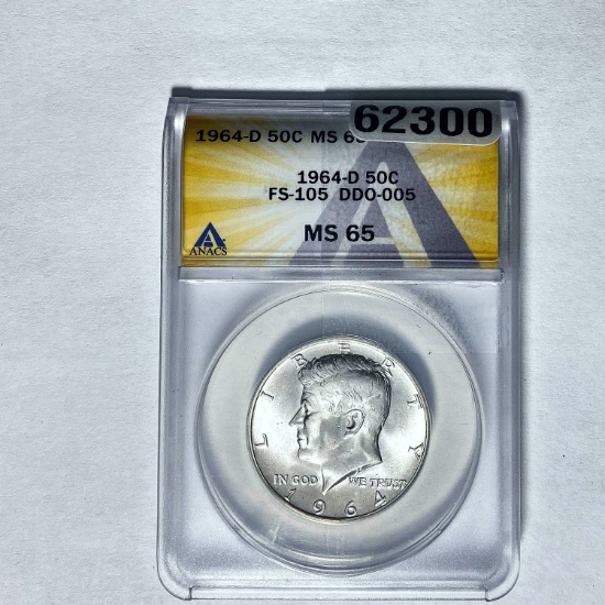 1964-D 50C Kennedy ANACS MS 65