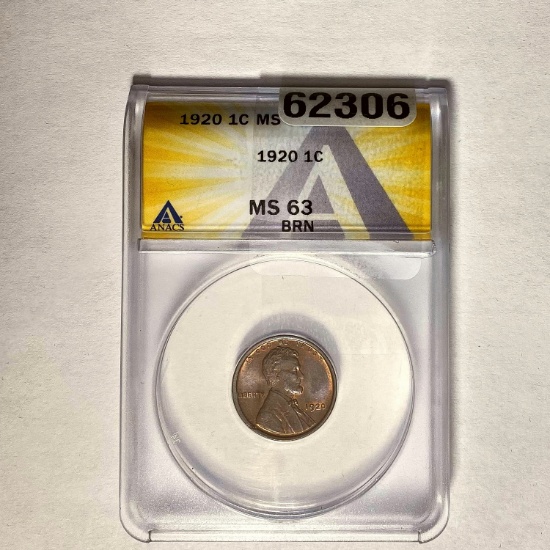 1920 1C Lincoln Wheat ANACS MS 63 BRN