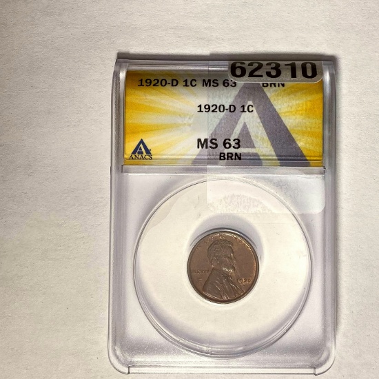1920-D 1C Lincoln Wheat ANACS MS 63 BRN