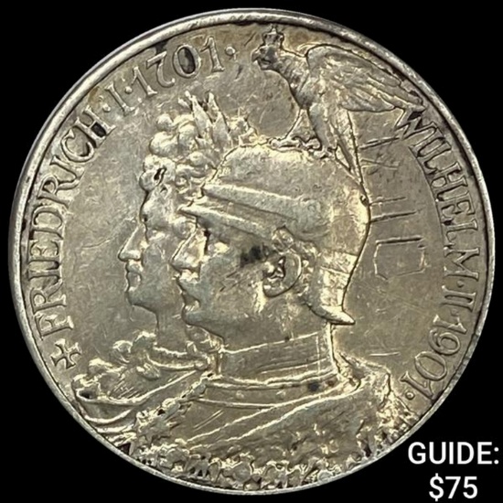 1901 Prussia Silver 2 Reichsmark CLOSELY UNCIRCULATED