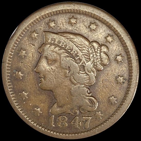 1847 Braided Hair Large Cent LIGHTLY CIRCULATED