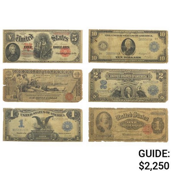 LOT OF 6 MIXED LARGE SIZE CURRENCY NOTES 1891-1914