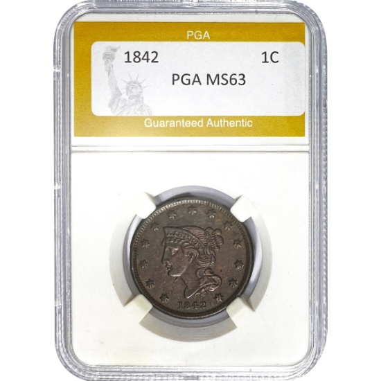 1842 Braided Hair Large Cent PGA MS63