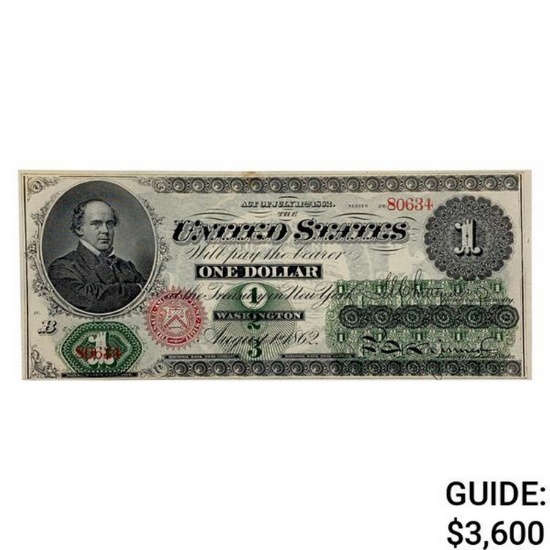 1862 $1 LEGAL TENDER UNITED STATES NOTE ABOUT UNC