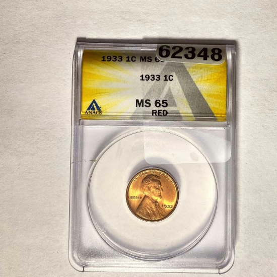 1933 1C Lincoln Wheat Cent ANACS MS 65 RED