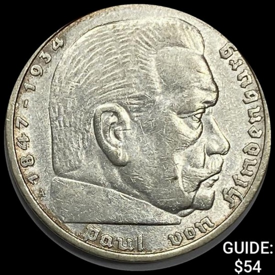 1935-A Germany Silver 5 Reichsmark CHOICE AU