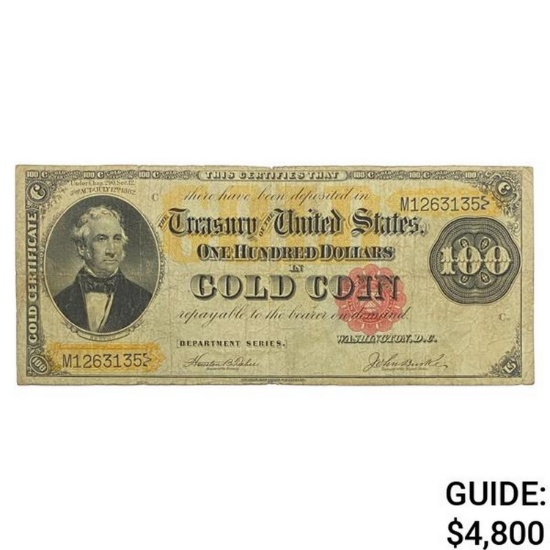 1882 $100 "BENTON" GOLD CERTIFICATE VERY FINE