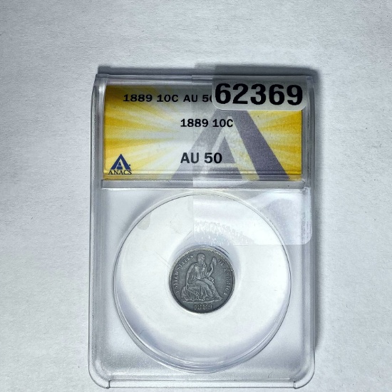 1889 10C Seated Liberty ANACS AU 50