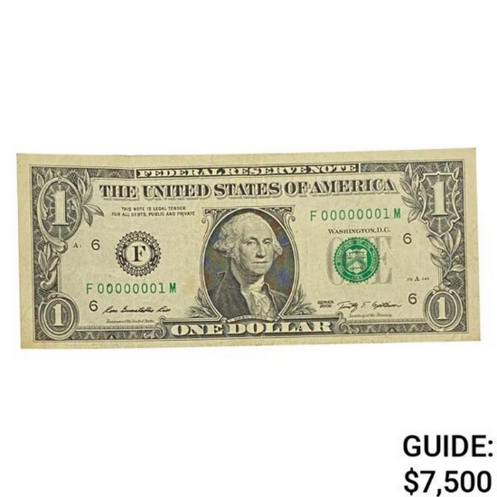 2009 $1 FRN FEDERAL RESERVE NOTE "SERIAL #1" VF