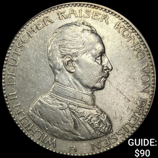 1914-A Prussia Silver 5 Reichsmark CLOSELY UNCIRCULATED