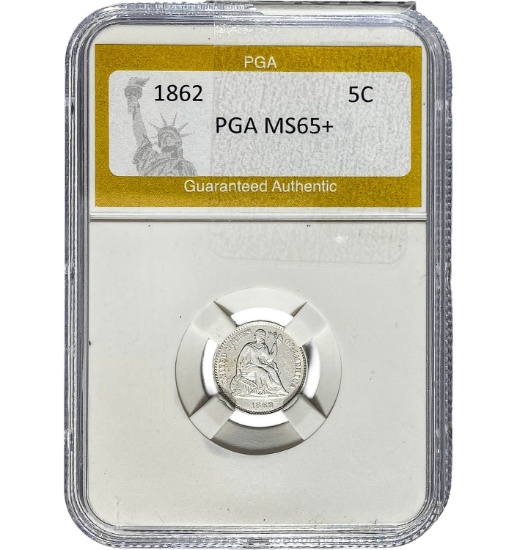 1862 5C Seated Liberty PGA MS65+