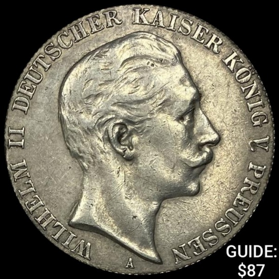 1912-A Prussia Silver 3 Reichsmark NEARLY UNCIRCULATED