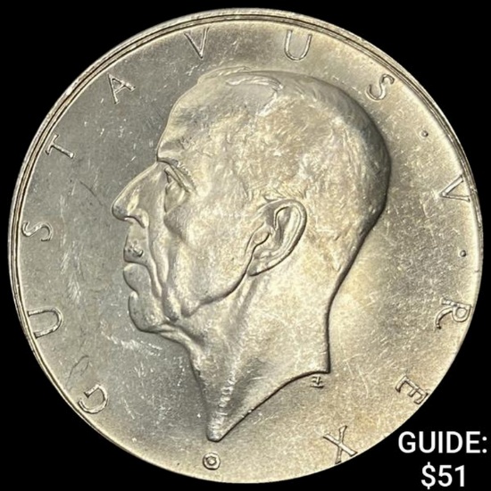 1938 Sweden Silver 2 Kroner UNCIRCULATED