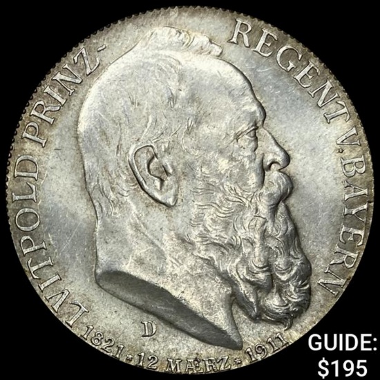 1911-D Bavaria Silver 3 Reichsmark UNCIRCULATED